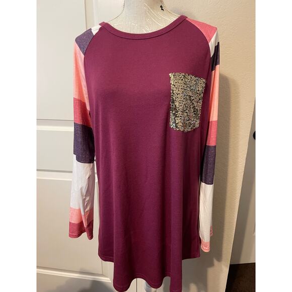 Long sleeve womens large multi color sequin pocket top - Picture 1 of 4